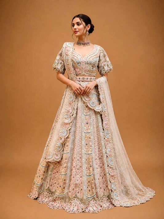 Pastel Multicolor Designer Bridal Lehenga with Intricate Embroidery & Embellished Net Dupatta