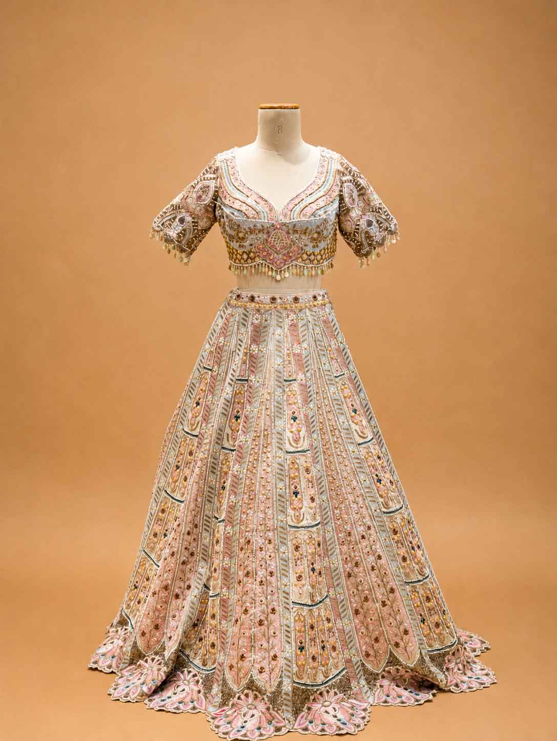 Pastel Multicolor Designer Bridal Lehenga with Intricate Embroidery & Embellished Net Dupatta