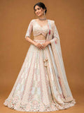 Ivory Designer Bridal Lehenga with Pastel Embroidery & Embellished Net Dupatta