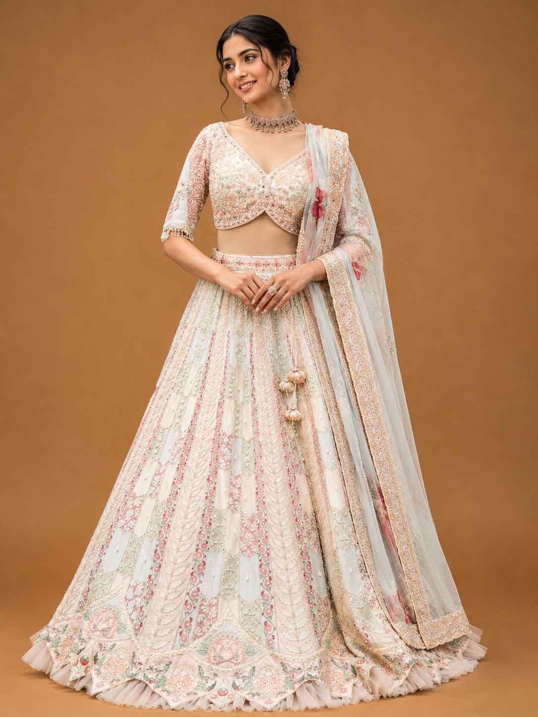 Ivory Designer Bridal Lehenga with Pastel Embroidery & Embellished Net Dupatta