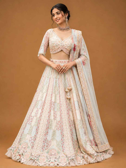 Ivory Designer Bridal Lehenga with Pastel Embroidery & Embellished Net Dupatta