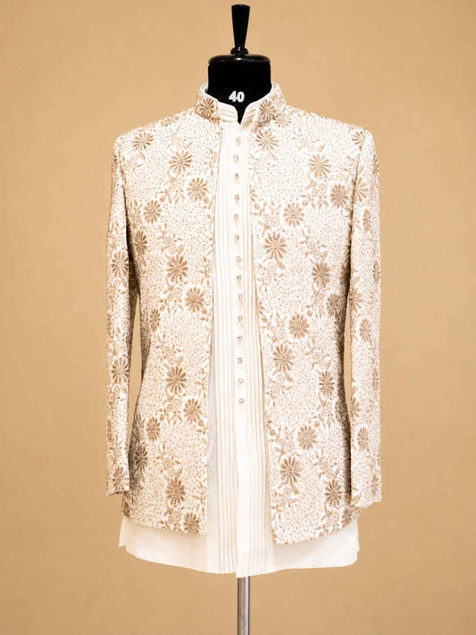 Men's ivory and gold embroidered Indo-Western sherwani - view 2