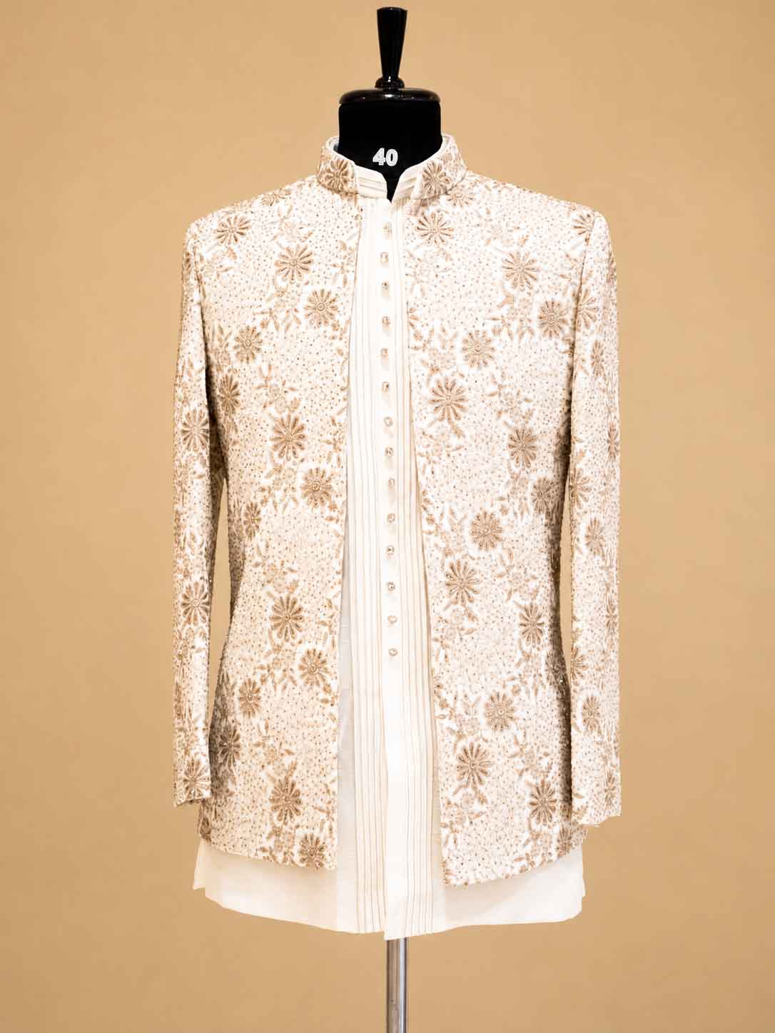 Premium Ivory & Gold Embroidered Indo-Western Sherwani Set for Men | Designer Wedding & Reception Wear