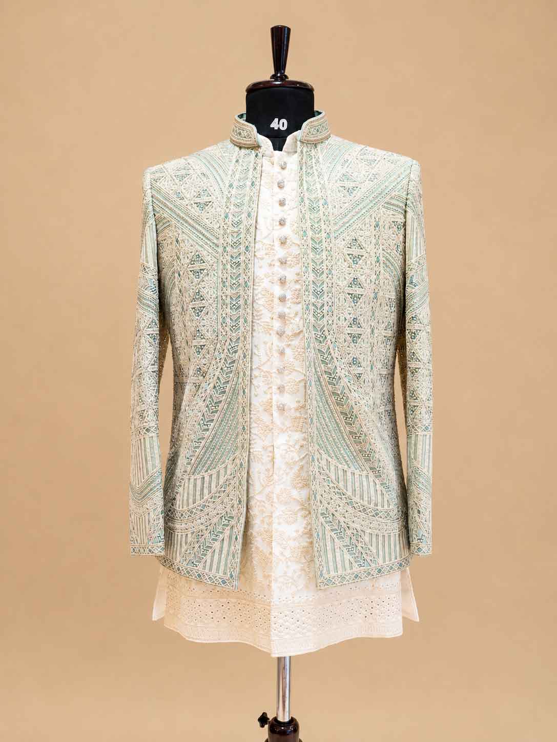 Premium Sage Green Embroidered Indo-Western Sherwani Set for Men | Wedding & Reception Wear