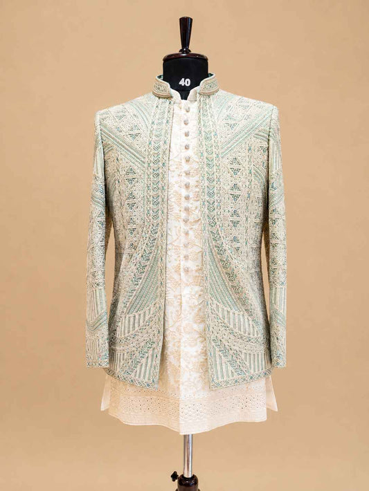 Men's sage green embroidered Indo-Western sherwani - view 2