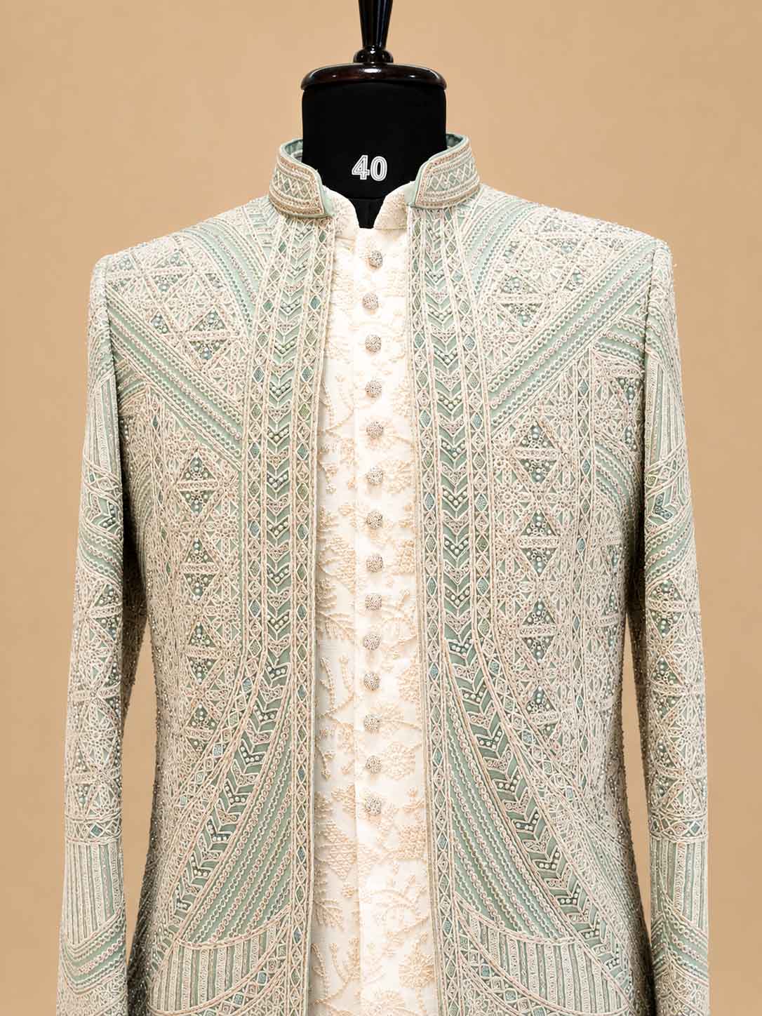 Premium Sage Green Embroidered Indo-Western Sherwani Set for Men | Wedding & Reception Wear
