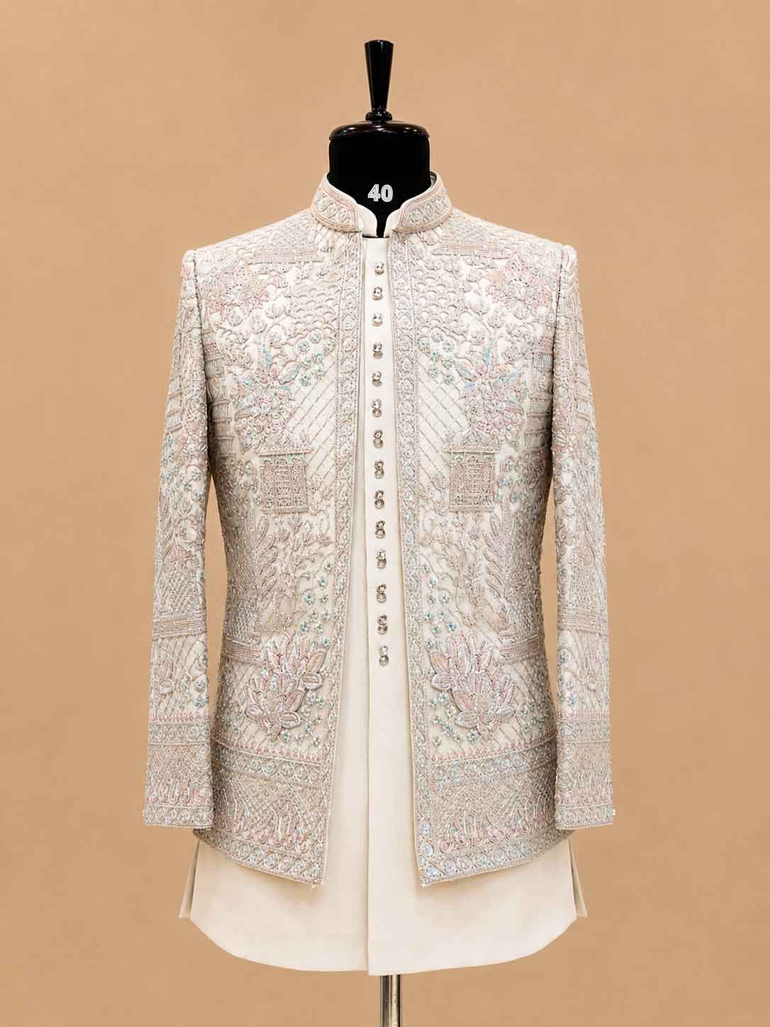 Luxury Ivory & Champagne Embroidered Indo-Western Sherwani Set for Men | Designer Wedding & Reception Wear