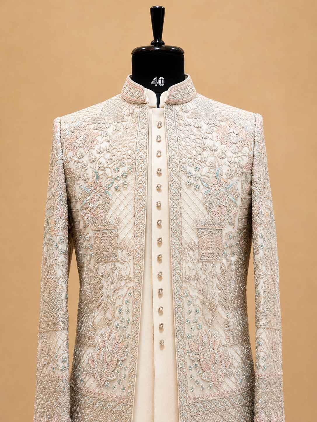 Luxury Ivory & Champagne Embroidered Indo-Western Sherwani Set for Men | Designer Wedding & Reception Wear