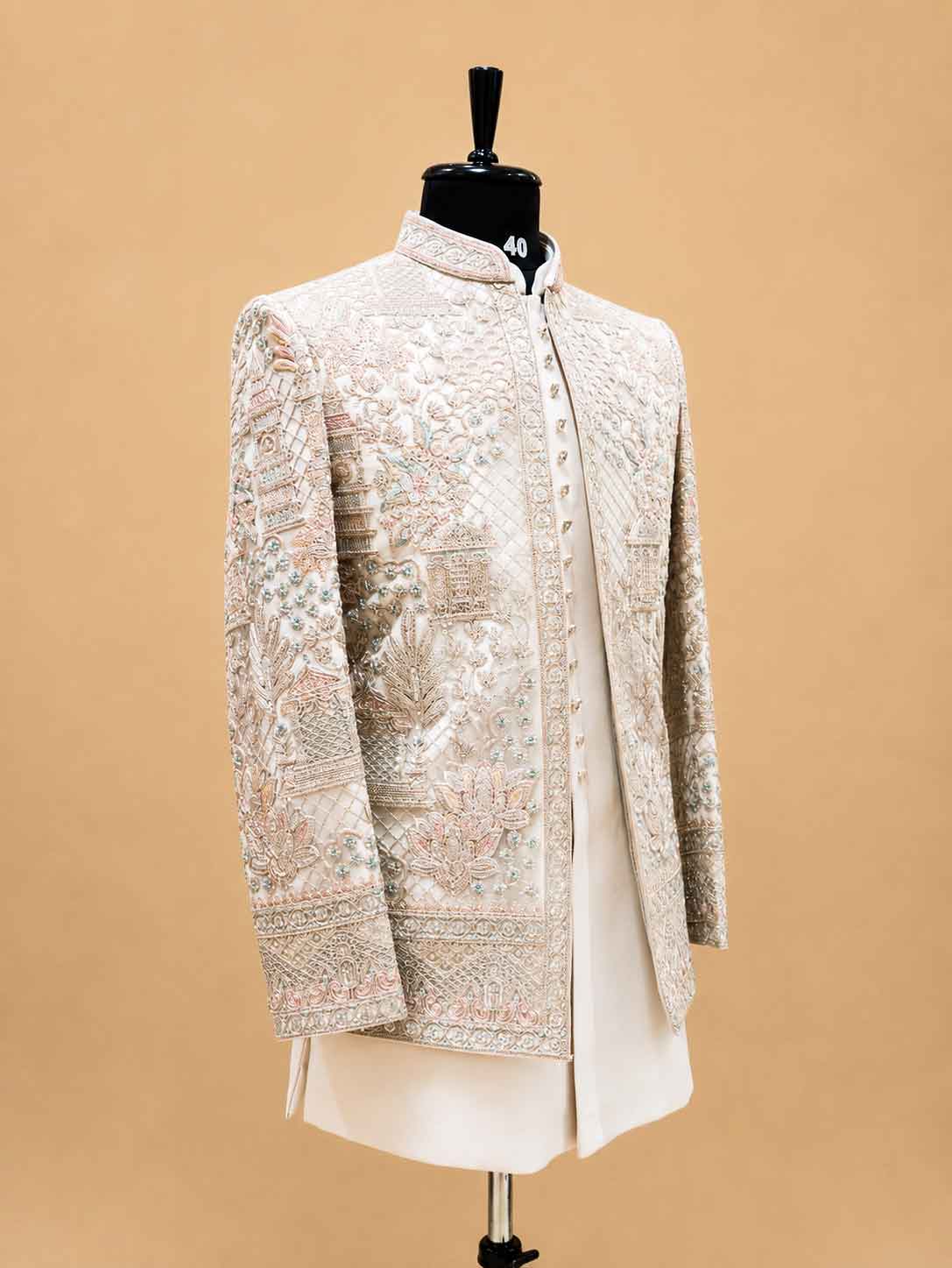 Luxury Ivory & Champagne Embroidered Indo-Western Sherwani Set for Men | Designer Wedding & Reception Wear