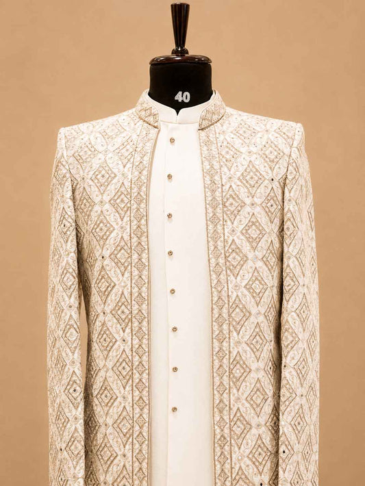 Men's ivory embroidered wedding sherwani set - view 2