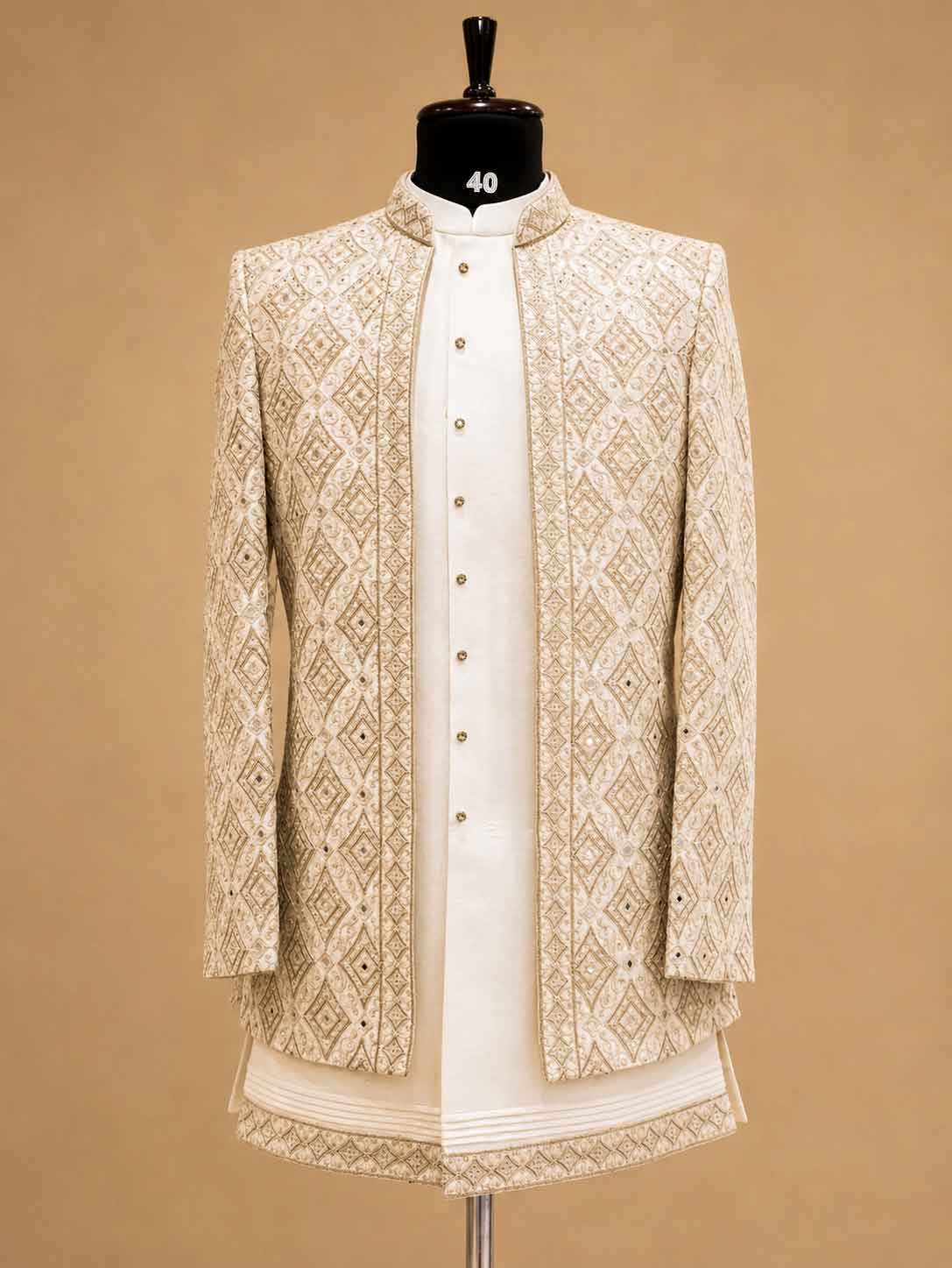 Champagne Gold Embroidered Sherwani Set for Men – Premium Wedding & Reception Ethnic Wear