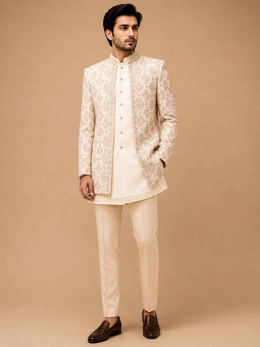 Ivory Embroidered Sherwani Set for Men – Premium Wedding & Reception Ethnic Wear