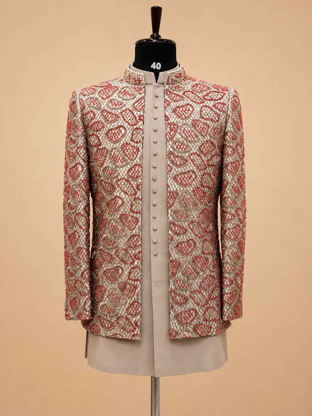 Premium Beige & Coral Embroidered Indo-Western Sherwani Set for Men | Designer Wedding & Festive Wear