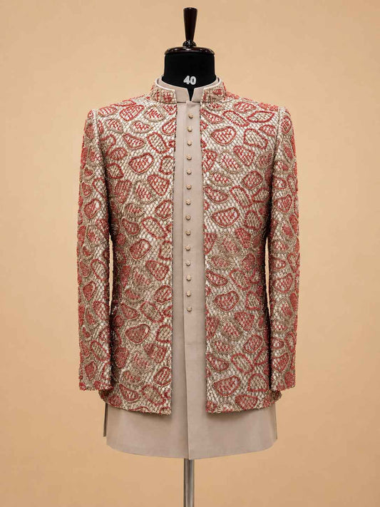 Men's beige and coral embroidered Indo-Western sherwani - view 2