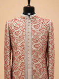 Premium Beige & Coral Embroidered Indo-Western Sherwani Set for Men | Designer Wedding & Festive Wear