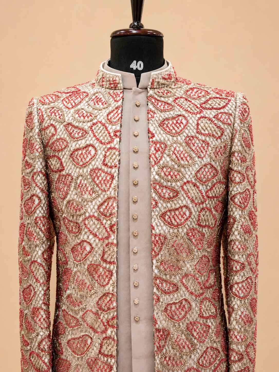 Premium Beige & Coral Embroidered Indo-Western Sherwani Set for Men | Designer Wedding & Festive Wear