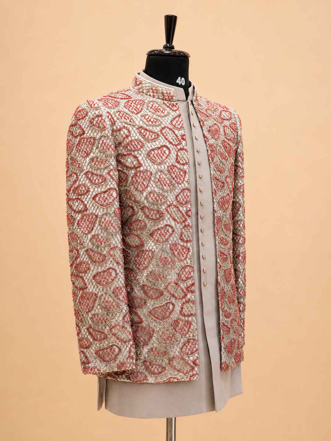 Premium Beige & Coral Embroidered Indo-Western Sherwani Set for Men | Designer Wedding & Festive Wear