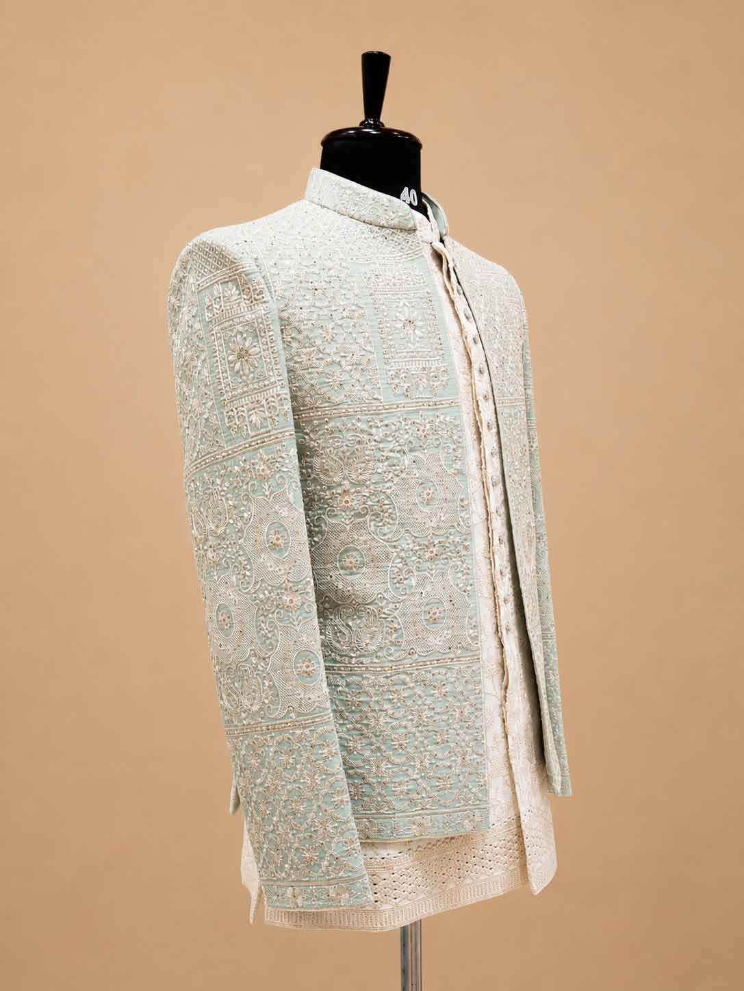 Premium Mint Green Embroidered Indo-Western Sherwani Set for Men | Designer Wedding & Festive Wear