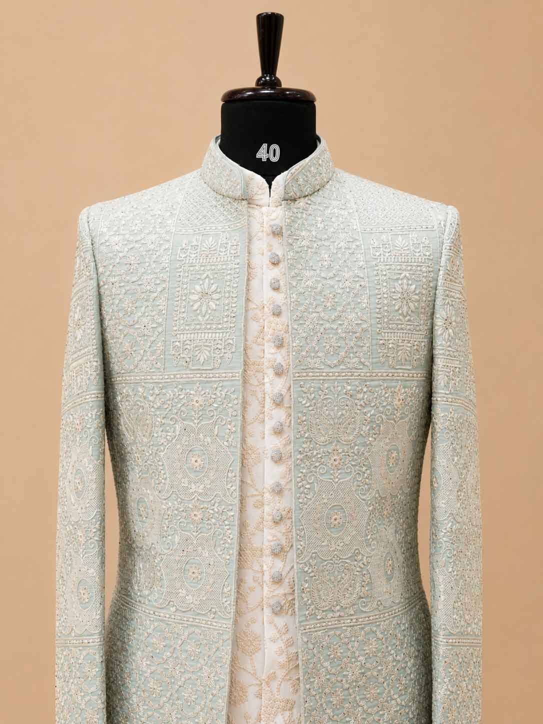 Premium Mint Green Embroidered Indo-Western Sherwani Set for Men | Designer Wedding & Festive Wear