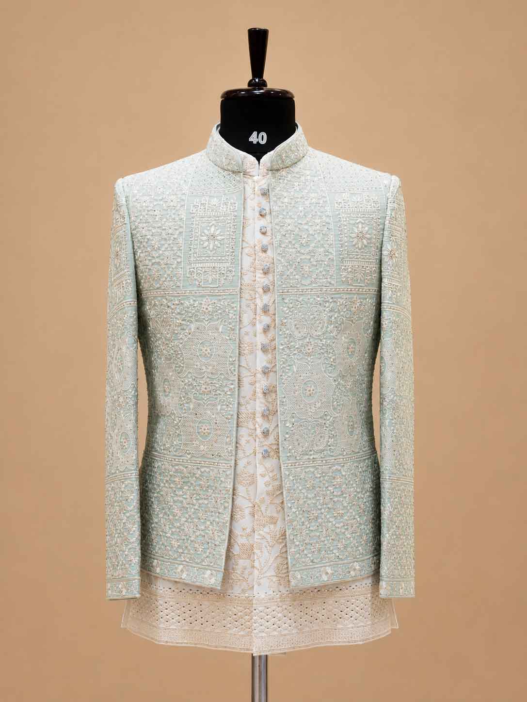 Premium Mint Green Embroidered Indo-Western Sherwani Set for Men | Designer Wedding & Festive Wear