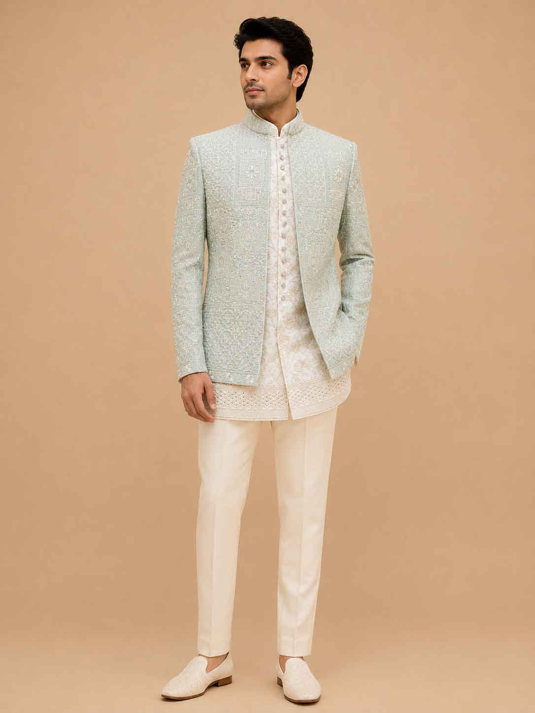 Premium Mint Green Embroidered Indo-Western Sherwani Set for Men | Designer Wedding & Festive Wear