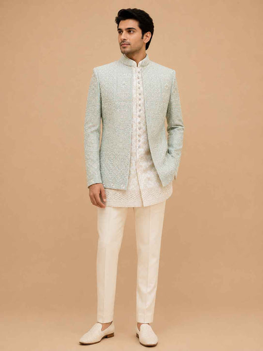 Premium Mint Green Embroidered Indo-Western Sherwani Set for Men | Designer Wedding & Festive Wear