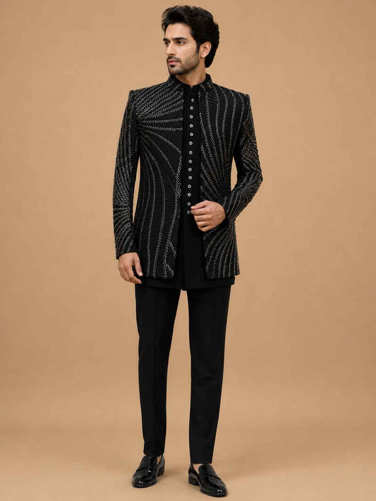 Luxury Black Embellished Indo-Western Sherwani Set for Men | Designer Wedding & Reception Wear