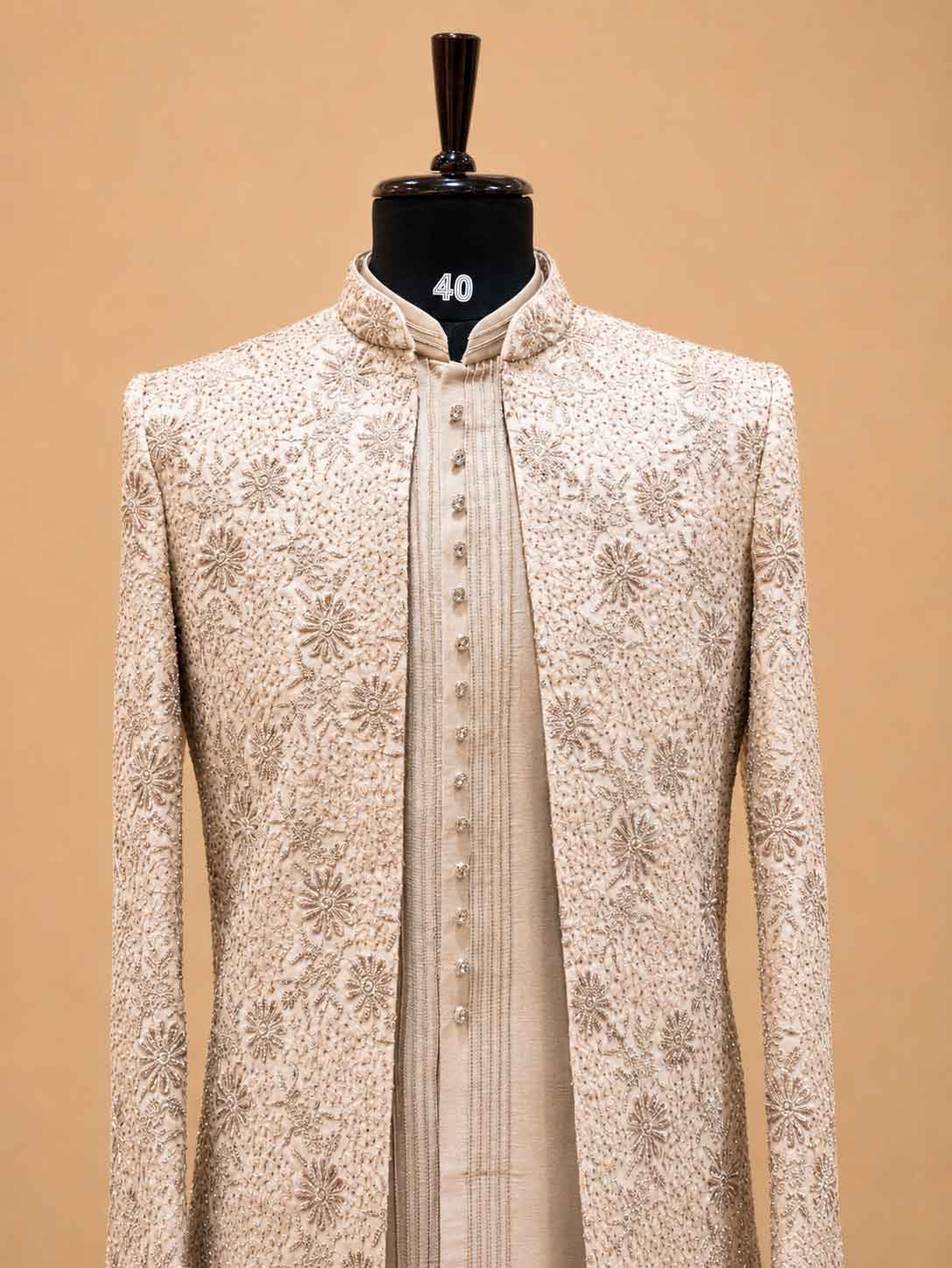 Luxury Champagne Beige Embroidered Indo-Western Sherwani Set for Men | Designer Wedding & Festive Wear