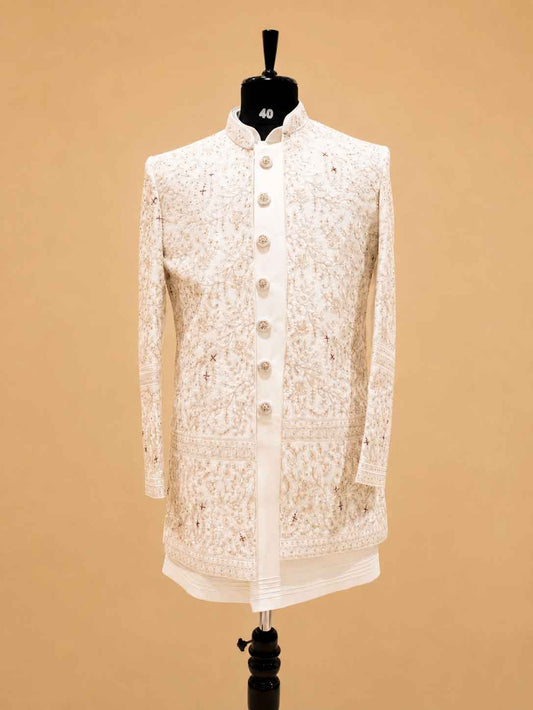 Men's ivory embroidered Indo-Western sherwani set - view 2