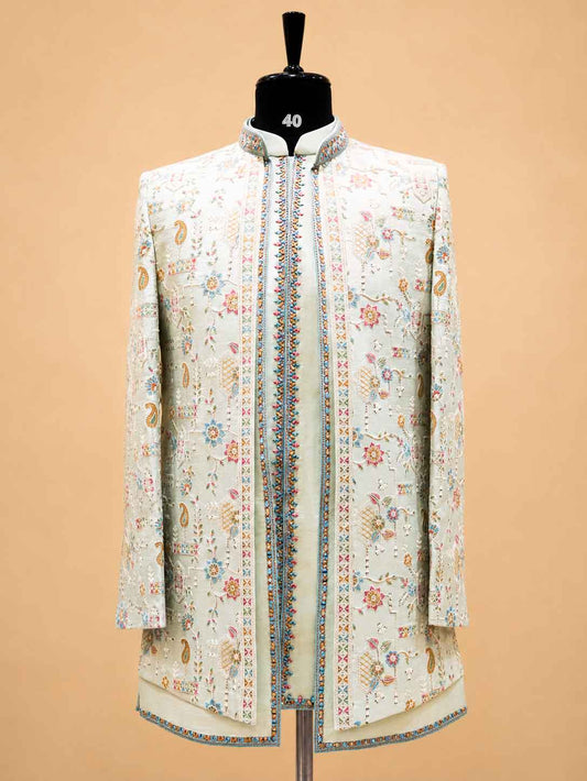 Men's pastel mint embroidered sherwani set - view 2