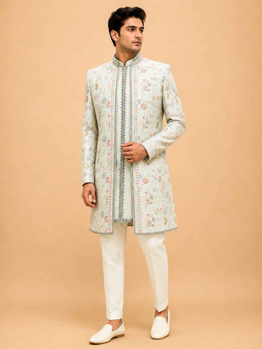 Pastel Mint Embroidered Sherwani Set for Men – Designer Wedding & Reception Ethnic Wear