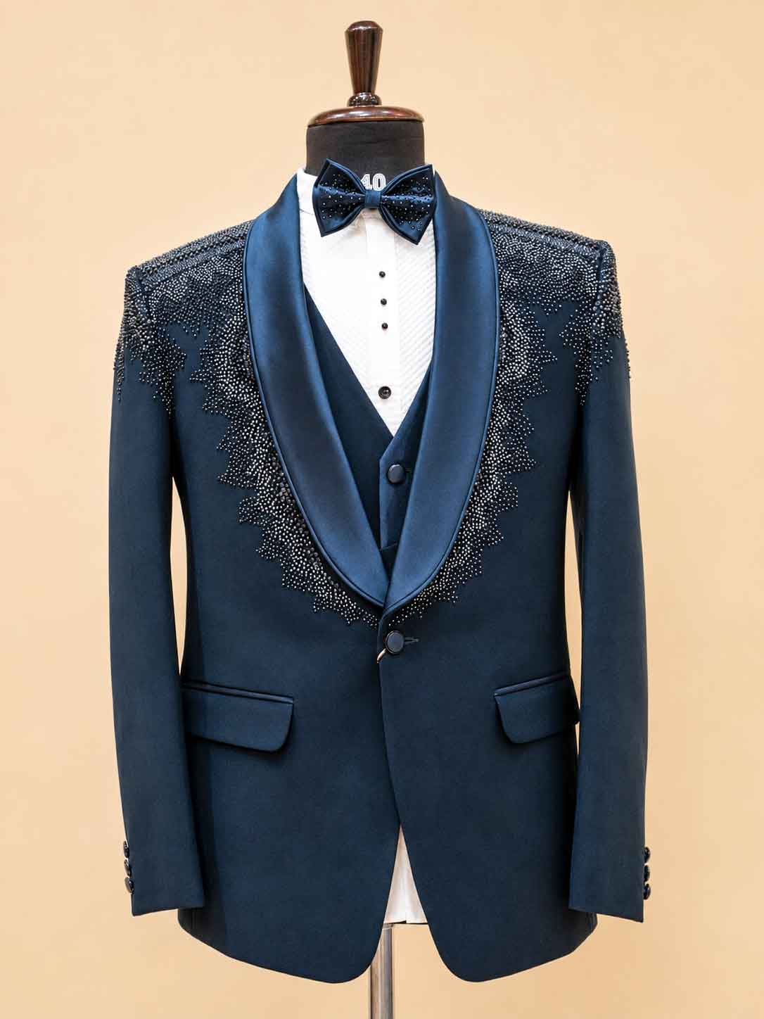 Luxury Midnight Blue Embellished Tuxedo Suit for Men | Designer Wedding, Reception & Black Tie Wear