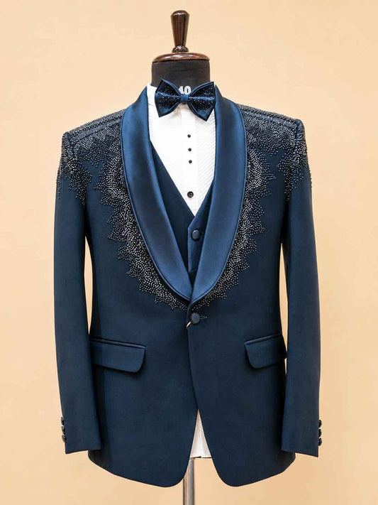 Men's midnight blue embellished tuxedo suit - view 2