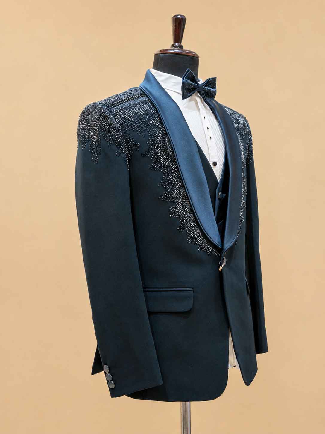Luxury Midnight Blue Embellished Tuxedo Suit for Men | Designer Wedding, Reception & Black Tie Wear