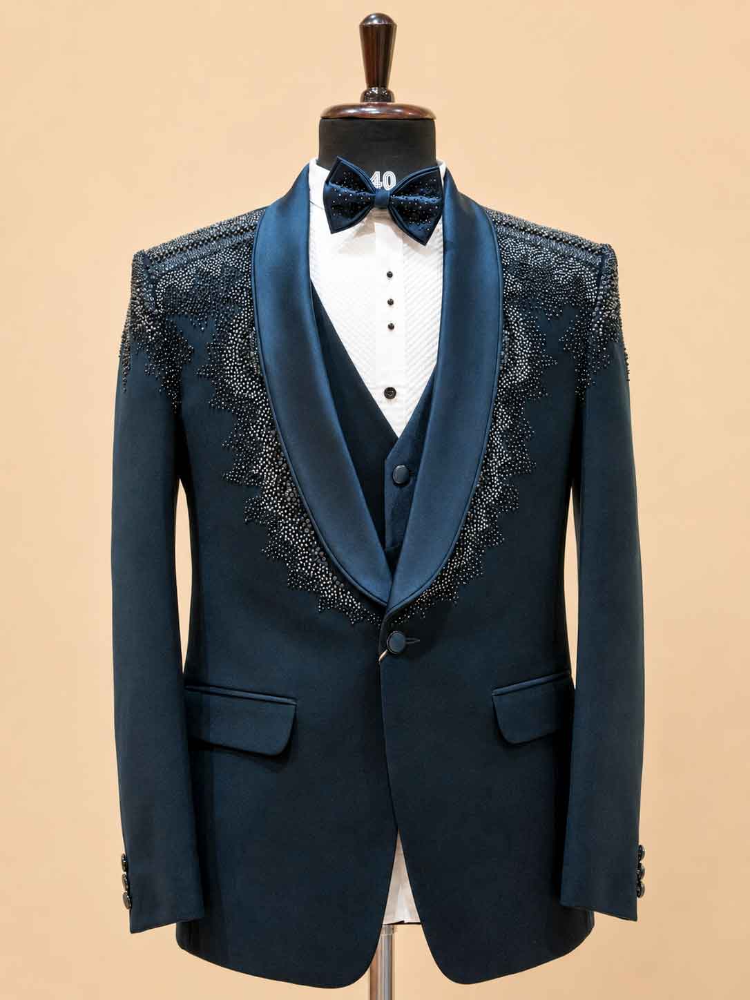 Luxury Midnight Blue Embellished Tuxedo Suit for Men | Designer Wedding, Reception & Black Tie Wear