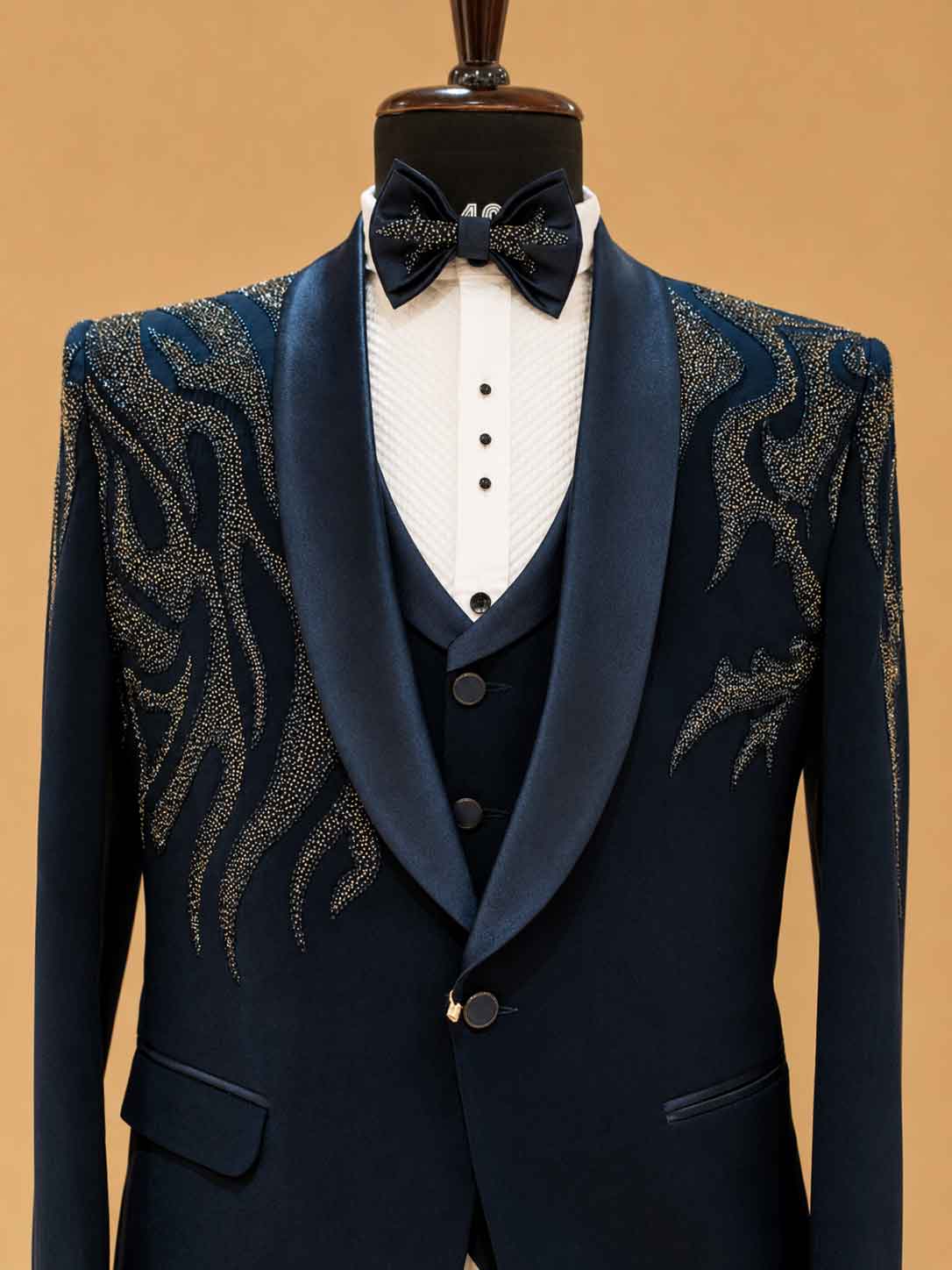 Luxury Midnight Blue Embroidered Tuxedo Suit for Men | Premium Designer Wedding, Reception & Black Tie Wear
