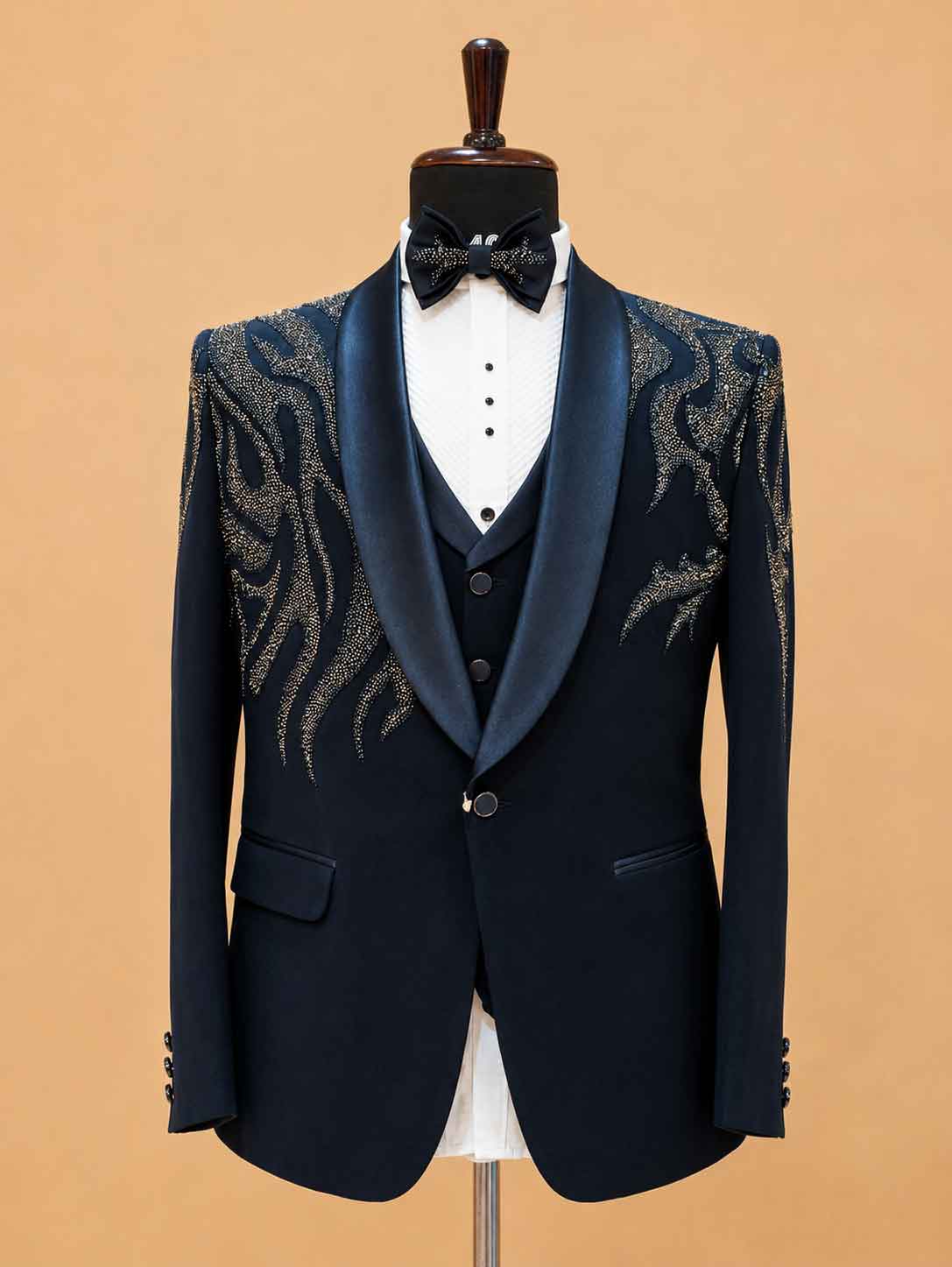 Luxury Midnight Blue Embroidered Tuxedo Suit for Men | Premium Designer Wedding, Reception & Black Tie Wear