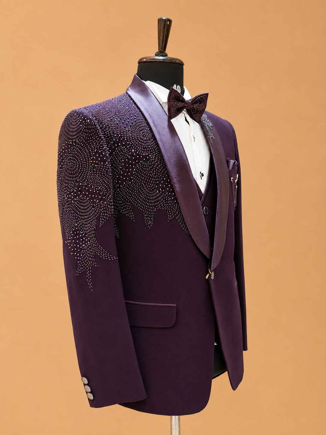 Luxury Deep Plum Embellished Tuxedo Suit for Men | Premium Designer Wedding, Reception & Black Tie Wear