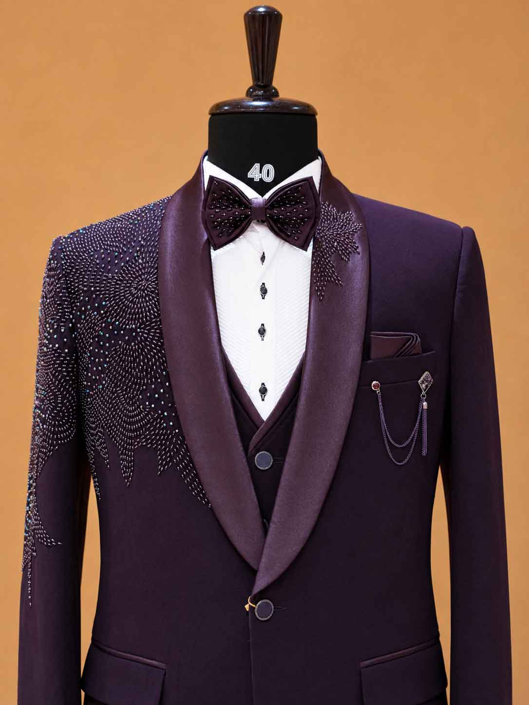 Luxury Deep Plum Embellished Tuxedo Suit for Men | Premium Designer Wedding, Reception & Black Tie Wear