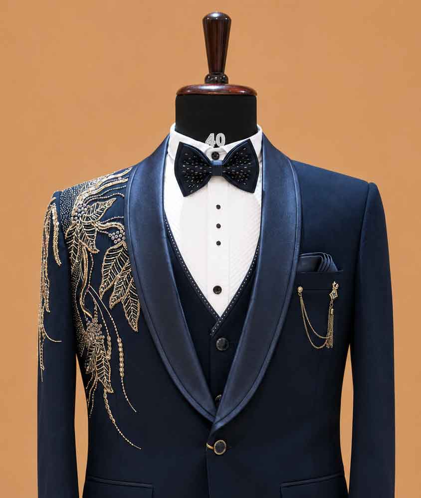 Luxury Navy Blue Embroidered Tuxedo Suit for Men | Premium Designer Wedding, Reception & Black Tie Wear