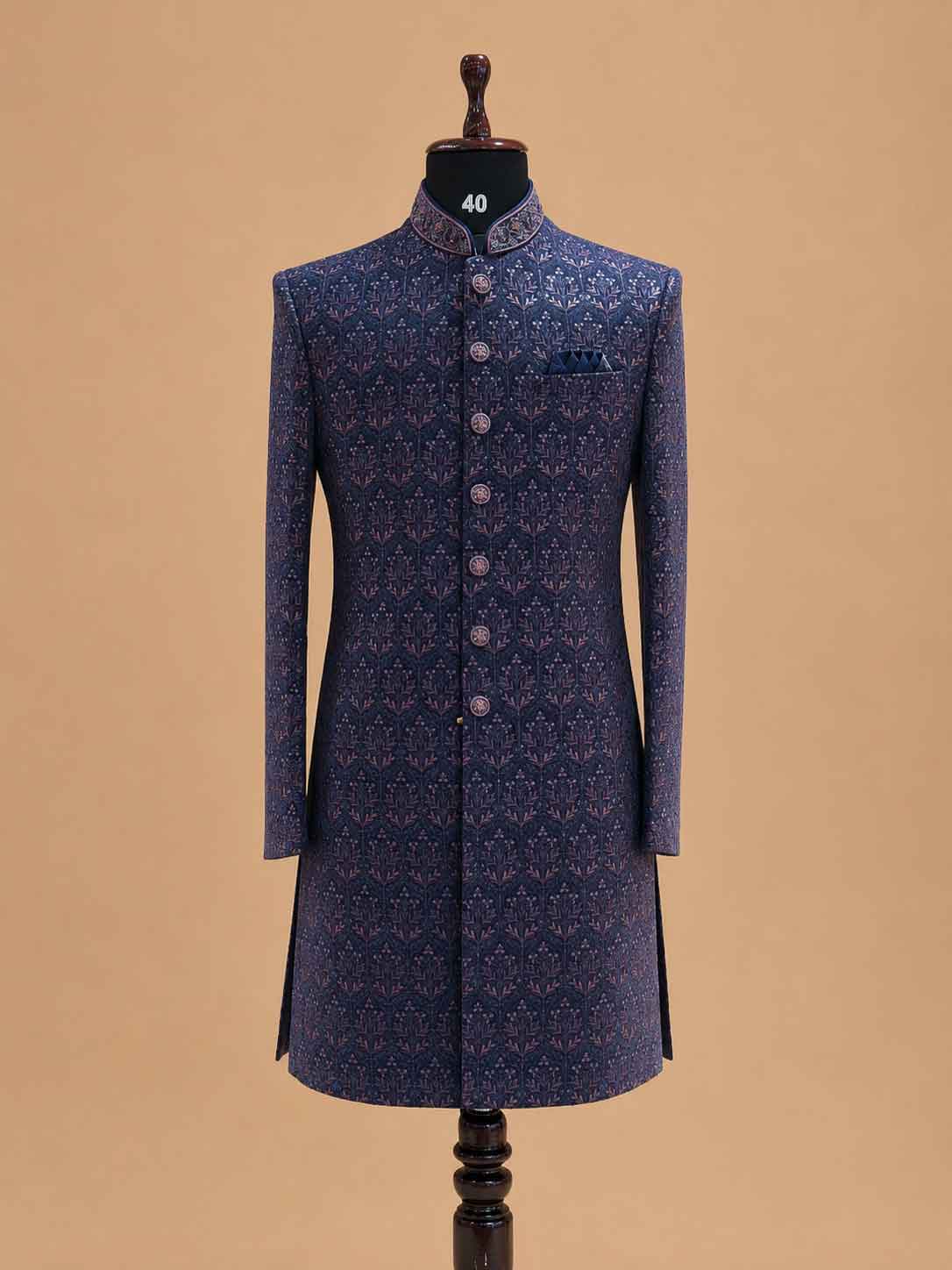 Men's Purple Jacquard Sherwani Set with Ivory Trousers | Premium Designer Wedding Ethnic Wear