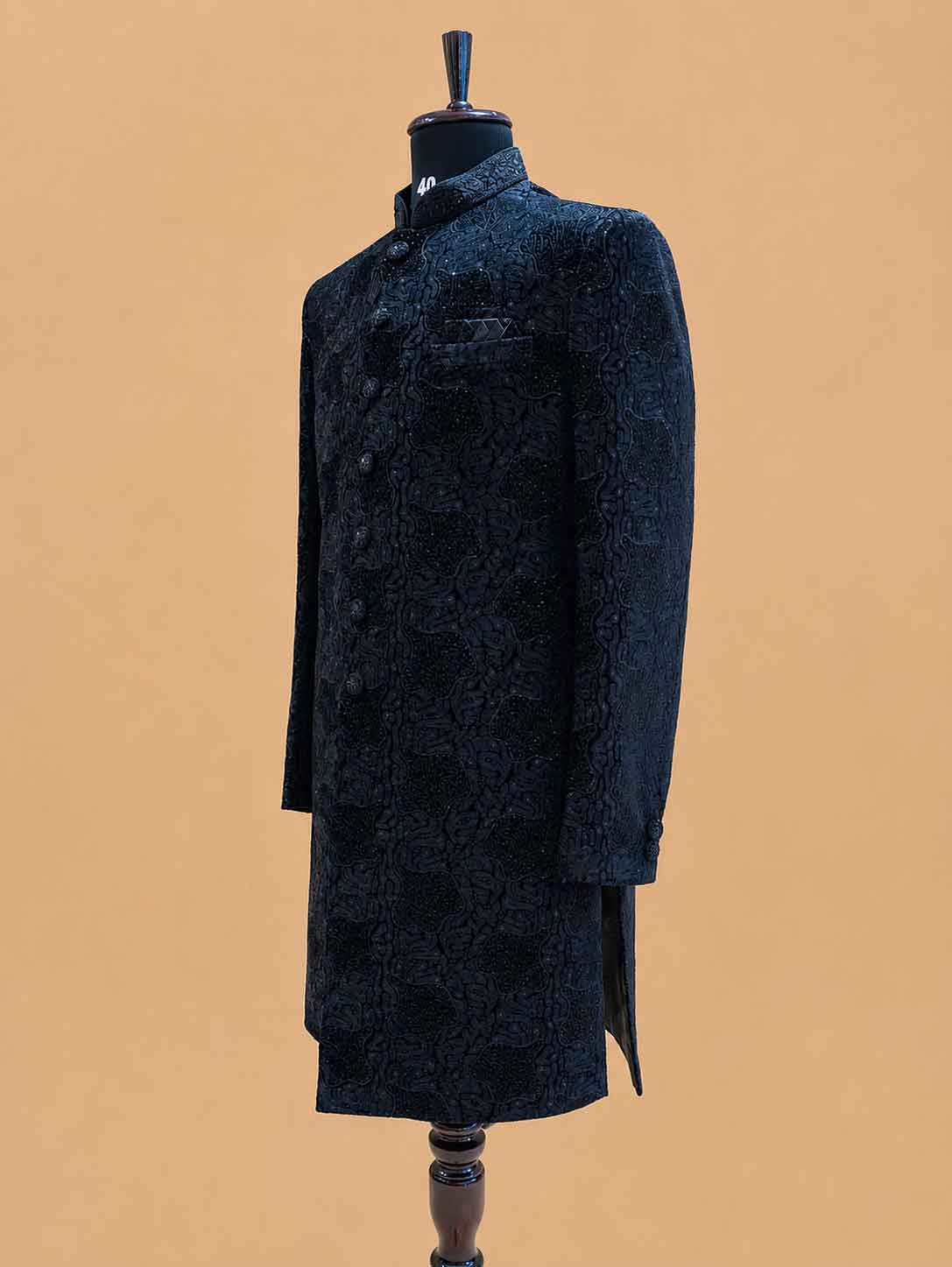 Men's Black Jacquard Sherwani Set with Black Dhoti Pants | Designer Wedding & Festive Ethnic Wear