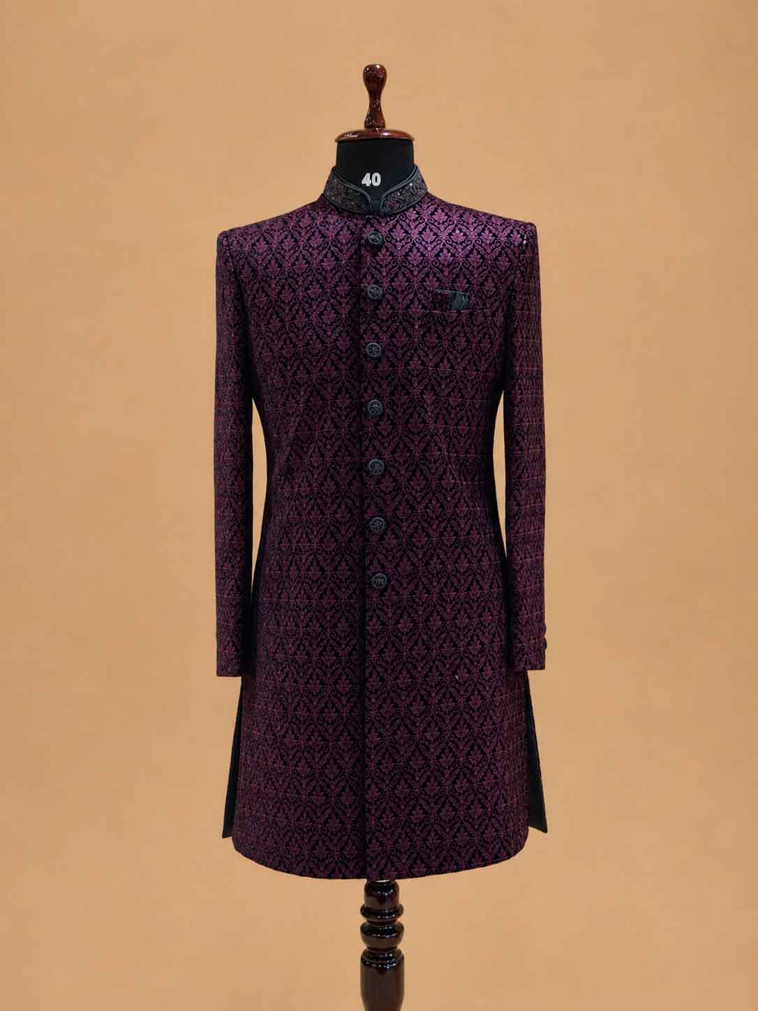 Men's Maroon Jacquard Sherwani Set with Black Dhoti Pants | Premium Designer Wedding Ethnic Wear