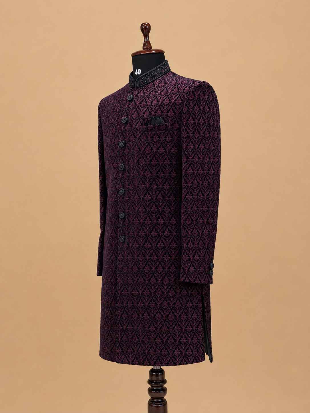 Men's Maroon Jacquard Sherwani Set with Black Dhoti Pants | Premium Designer Wedding Ethnic Wear