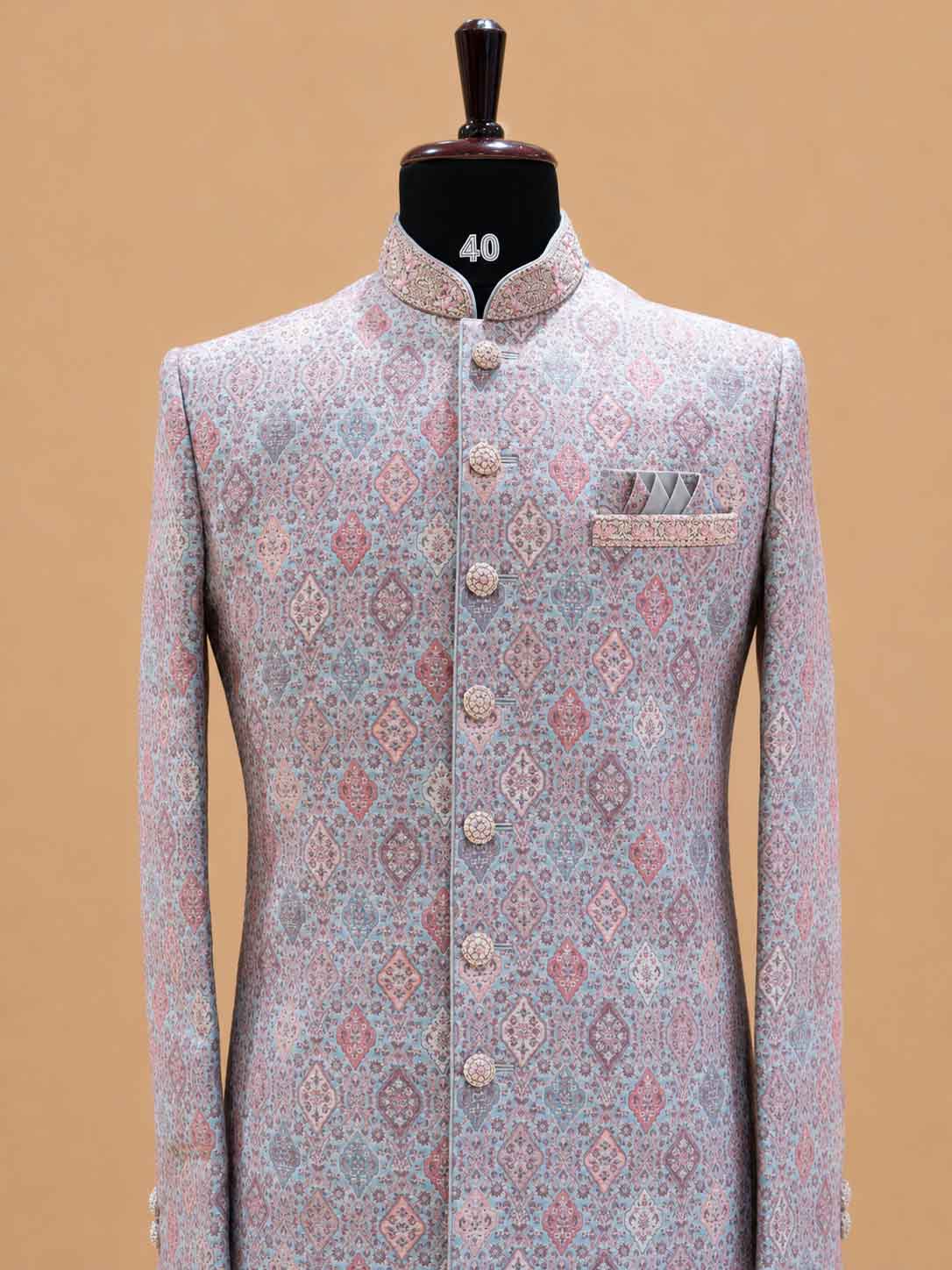 Men's Pastel Pink Jacquard Sherwani for Wedding & Reception | Designer Indo-Western Sherwani
