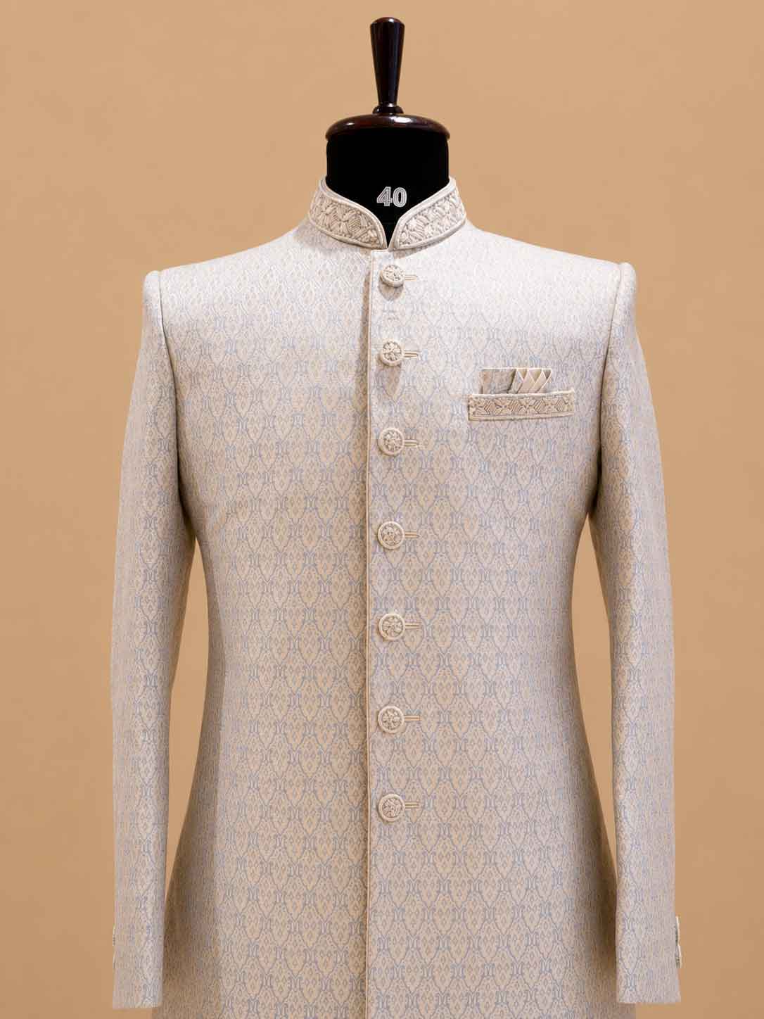 Men's Ice Blue Jacquard Sherwani Set with Dhoti Pants | Designer Wedding Ethnic Wear
