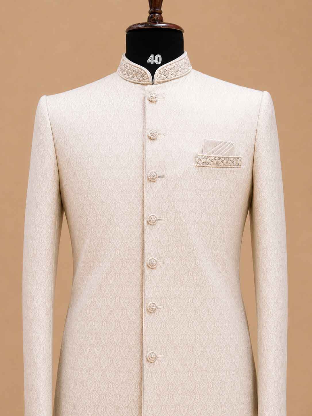Men's Ivory Jacquard Sherwani Set with Trousers | Premium Designer Wedding Ethnic Wear