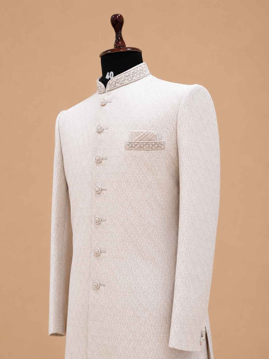 Men's Ivory Jacquard Sherwani Set with Trousers | Premium Designer Wedding Ethnic Wear
