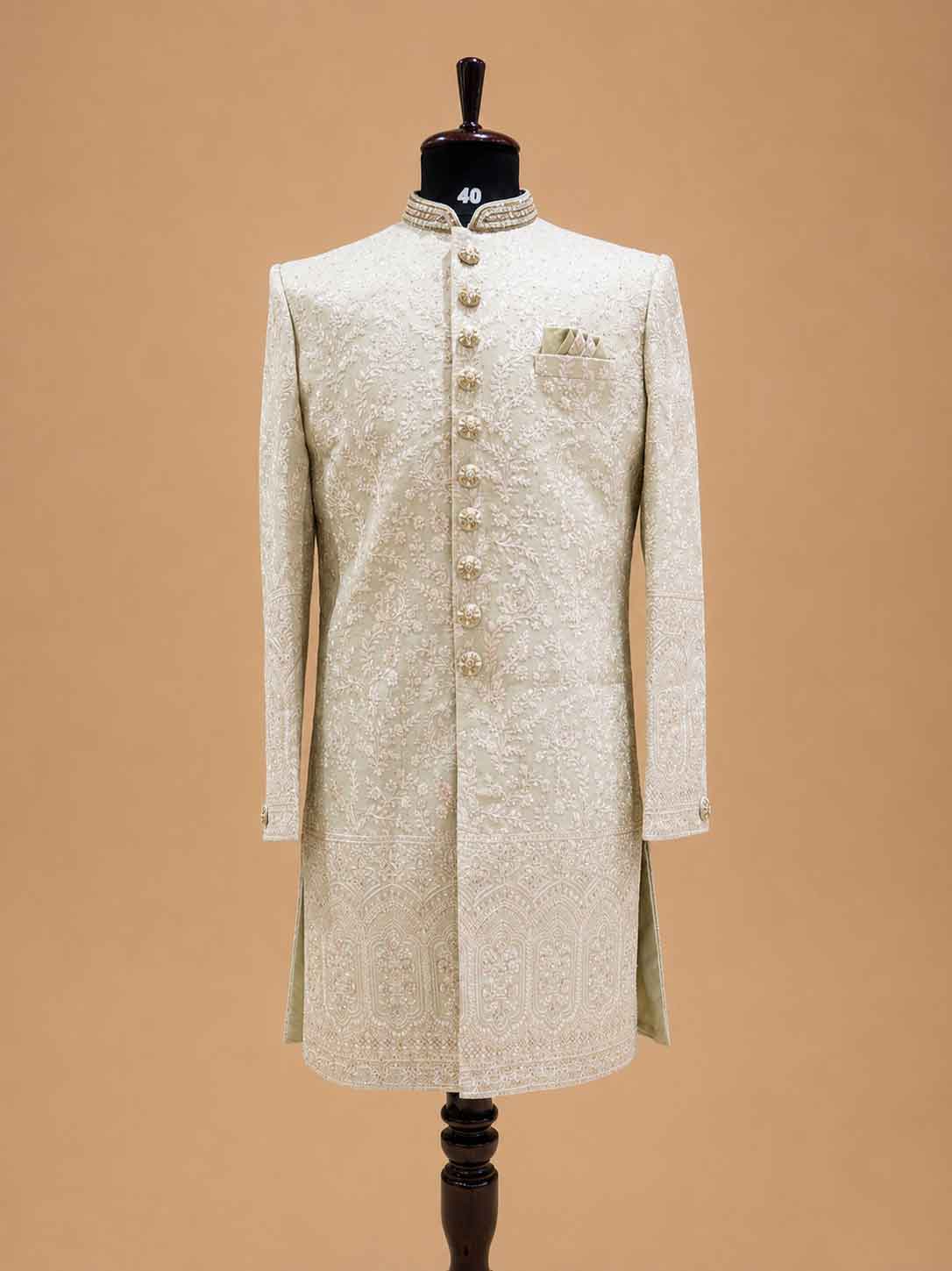 Men's Pista Green Embroidered Sherwani Set | Premium Designer Wedding & Groom Ethnic Wear