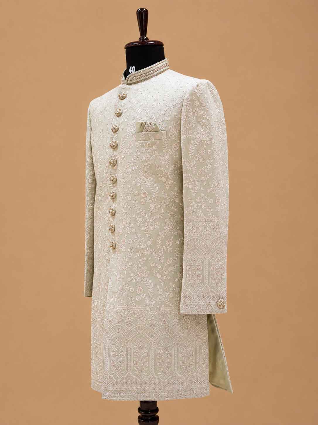 Men's Pista Green Embroidered Sherwani Set | Premium Designer Wedding & Groom Ethnic Wear